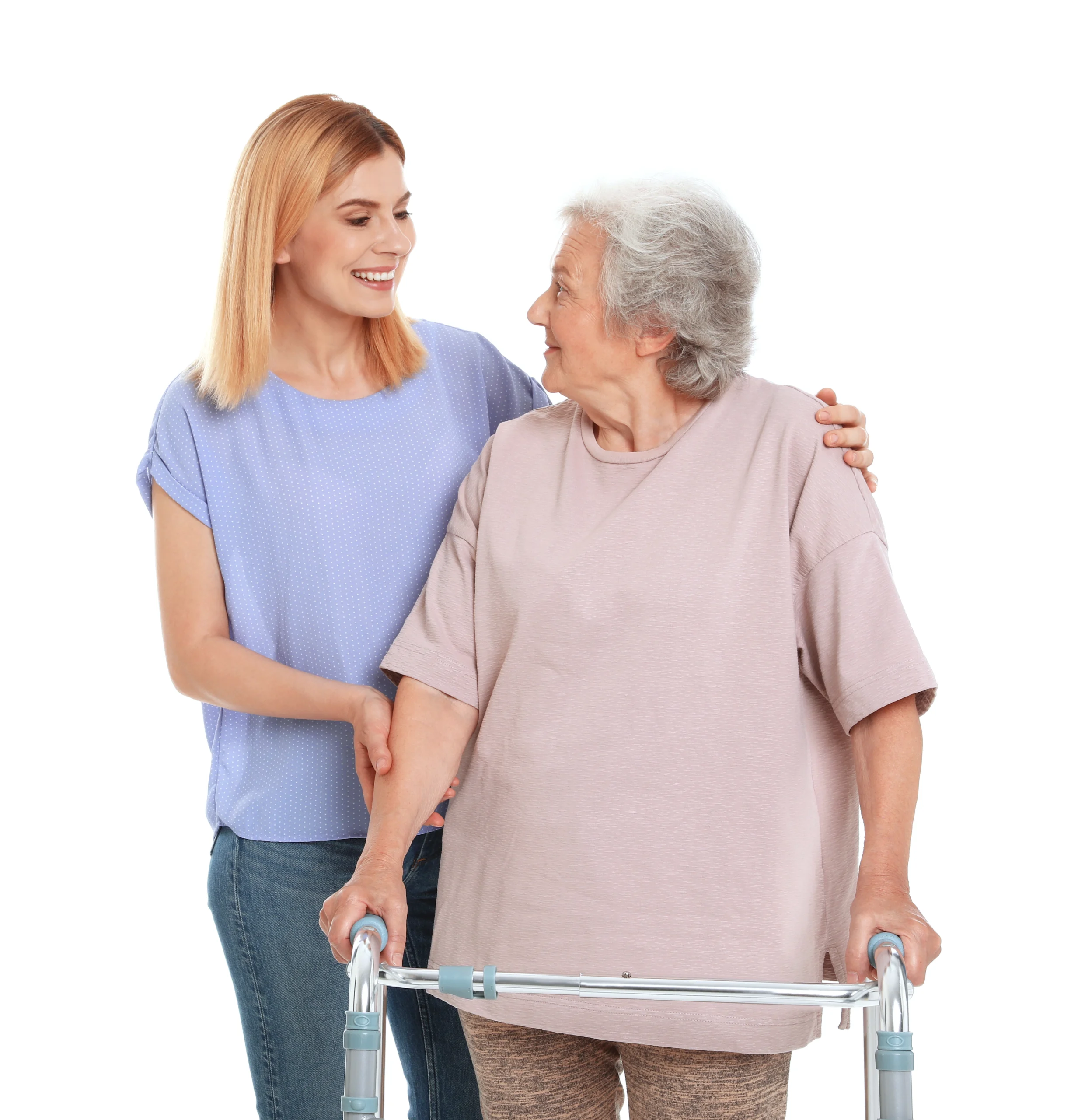 Home Care Capitol Heights MD geriatric woman with walker stands next to caregiver